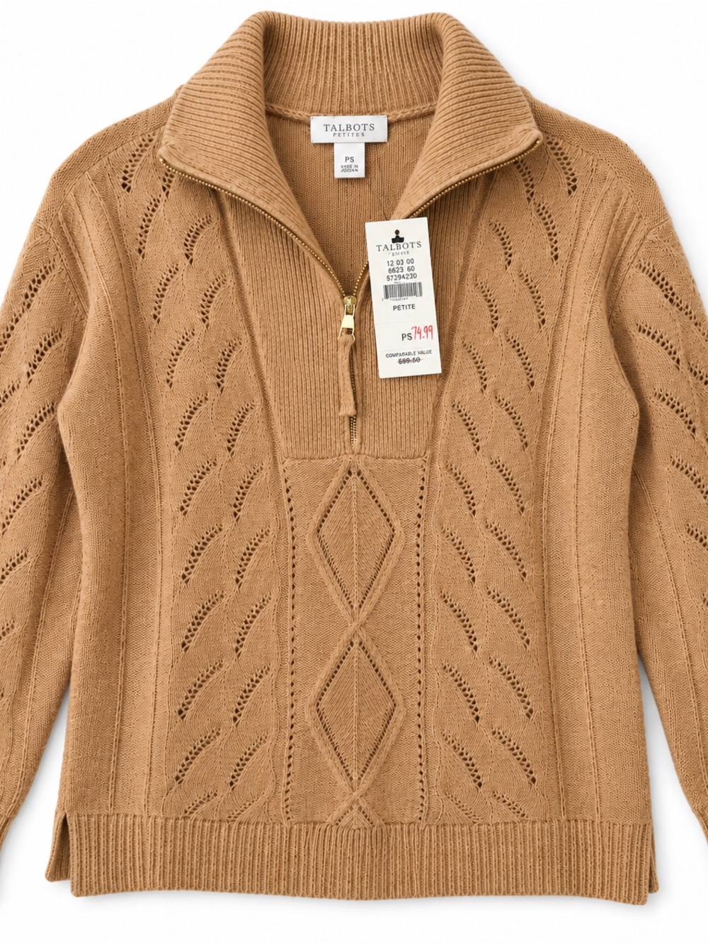 Talbots Petite Small Half Zip Sweater Camel Tan Openwork Knit NWT - Picture 2 of 10
